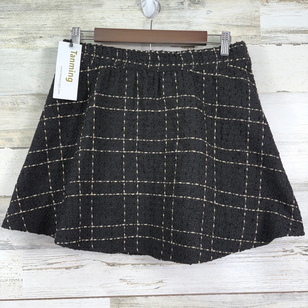 NEW Tanming Black Plaid‎ Wool Blend Tweed Skirt Mini A Line Elastic Waist Size M